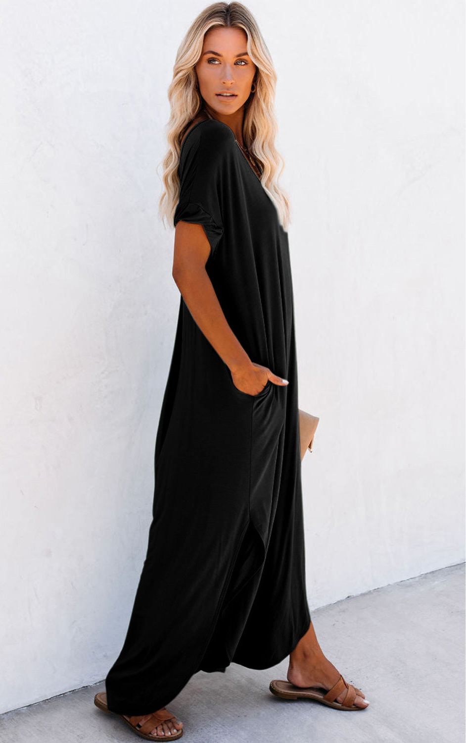 Black V Neck Hidden Pocket Splits Maxi T-shirt Dress
