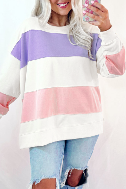 Beige Colorblock Patchwork Drop Shoulder Crewneck Sweatshirt